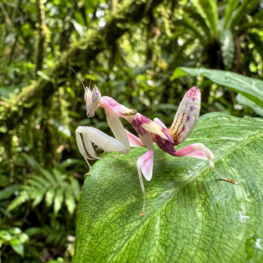 A photorealistic view of an orchid mantis mimicking a flower on a green leaf in the rainforest.