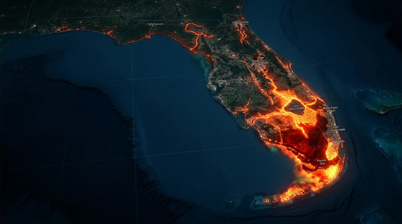 A conceptual glowing heat map showing the python invasion spreading from southern Florida northward.