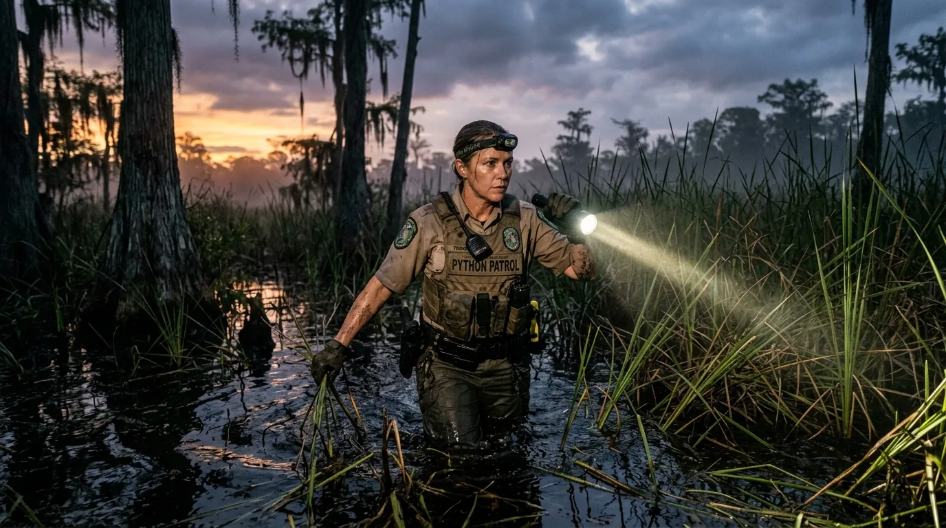 A wildlife ranger wading through murky Everglades swamp water at dusk with a flashlight, searching for invasive pythons.