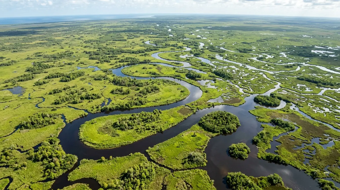 An aerial drone view of the vast, endless Florida Everglades wetland, showing how impossible it would be to find a hidden python.