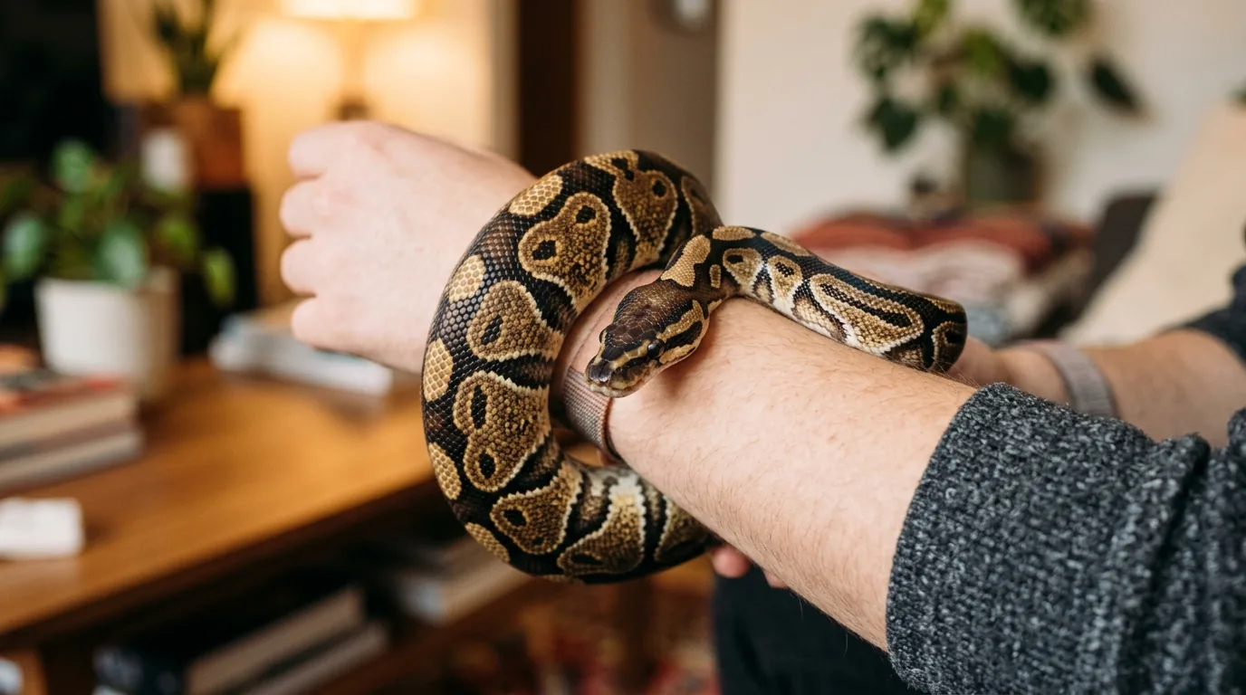 A docile ball python coiled around a person's arm, demonstrating a common pet snake.